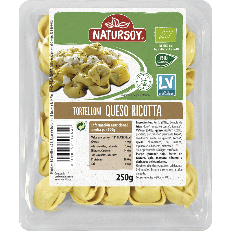 Natursoy - Tortelloni formatge ricotta 250 g