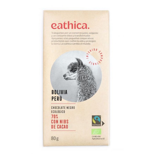 Xocolata negra 70% nibs de cacau 80 g - Eathica