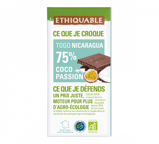 Xocolata negra 75% coco i maracuia 100 g - Eathica